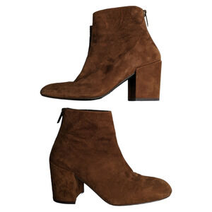 Stuart Weitzman Bacari Camel Brown Suede Block Heel Back Zip Ankle Boots 7 N